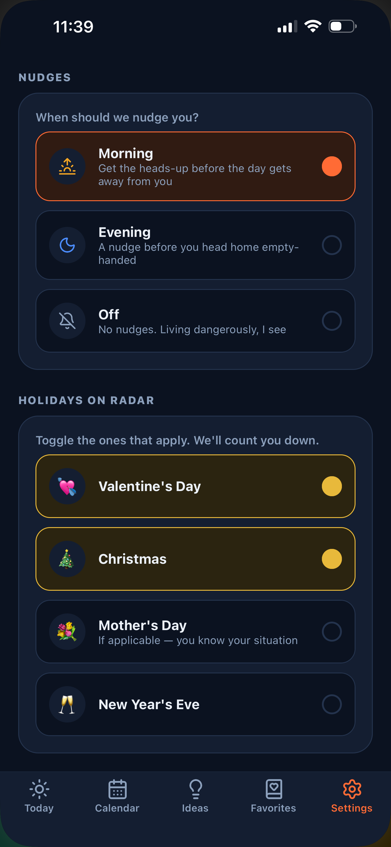Nudge settings screen