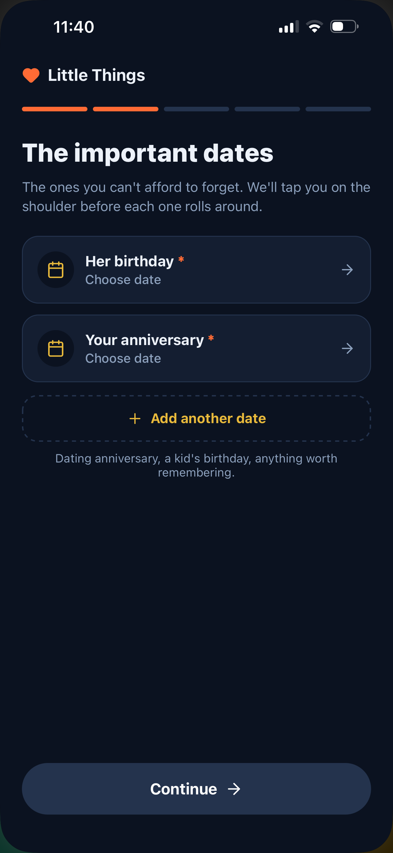 Important dates screen