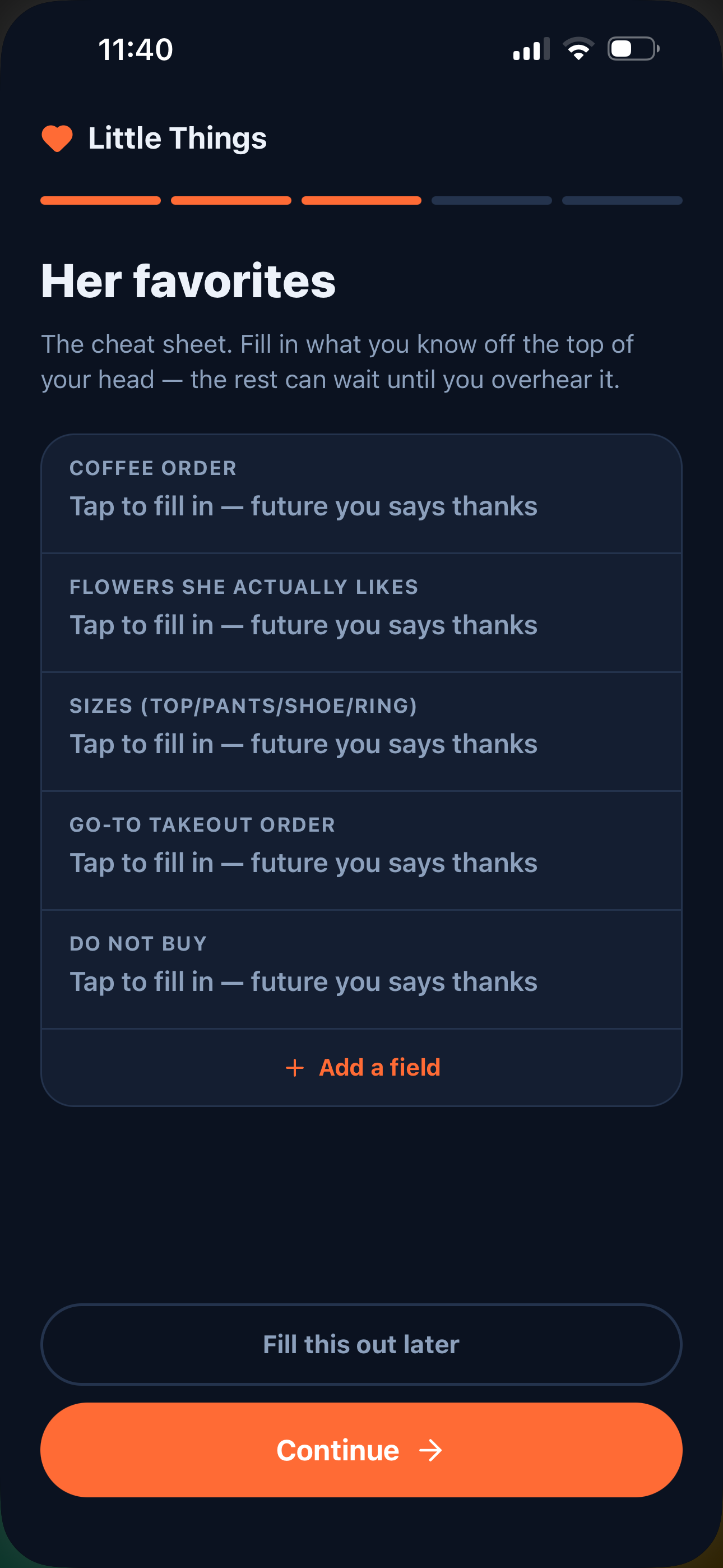 Her favorites screen